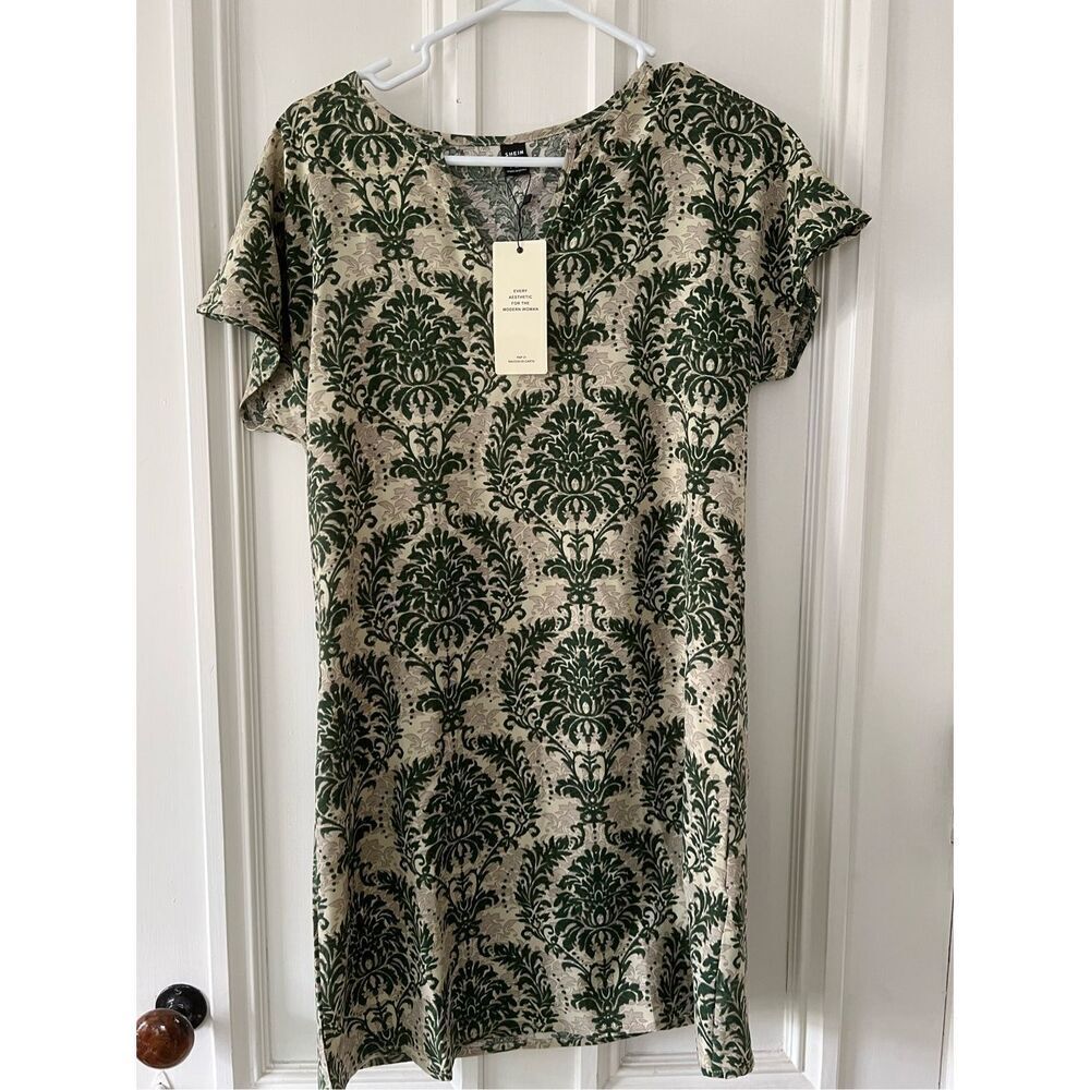 SHEIN NWT green and cream lightweight patterned short sleeve  dress/ cover up S
